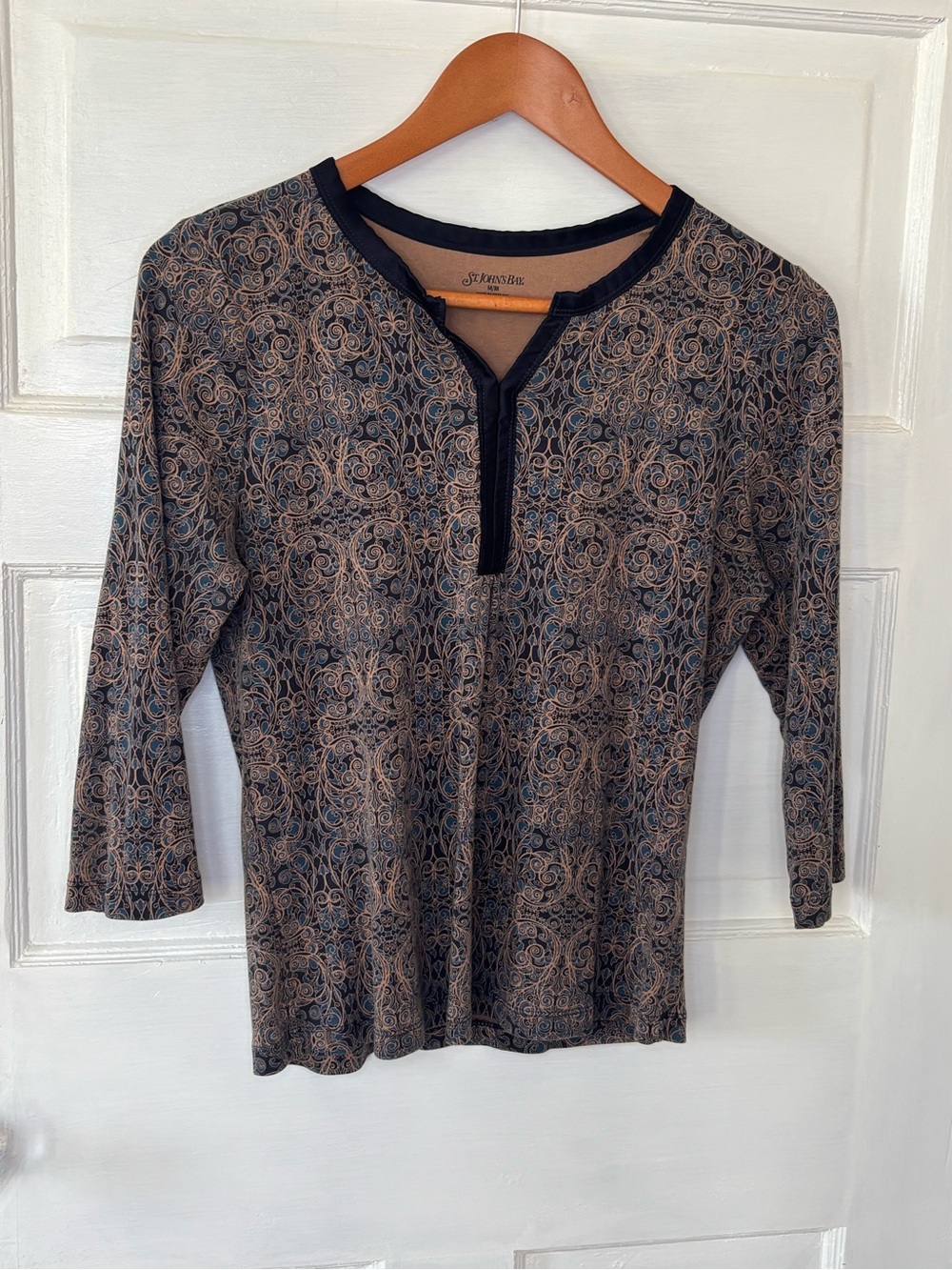 St. John's Bay Navy and Tan Scroll-Print Henley Top